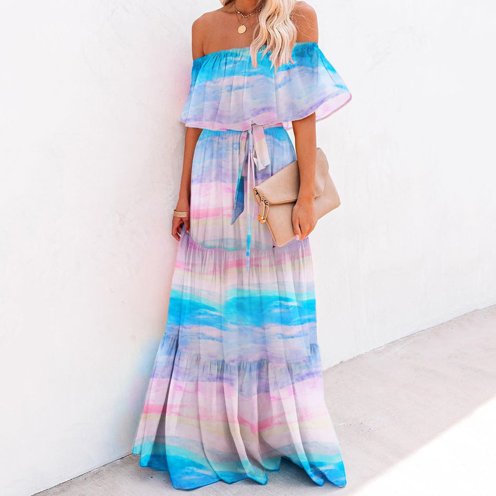 Women's Wrapped Chest Print Gradient Color Large Swing Skirt Dress