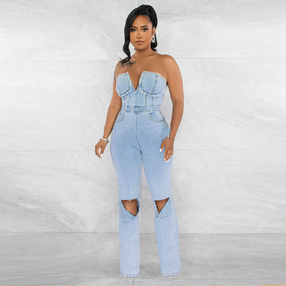 Women’s V-Neck Denim Jumpsuit with Distressed Holes & Zip Pockets | Sexy Streetwear One-Piece Outfit | Casual Chic Denim Romper for Women