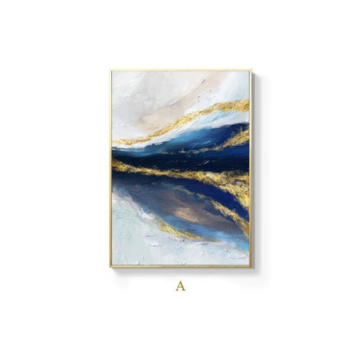 Abstract Canvas Painting Blue Gold White – Modern Wall Art Contemporary Home Living Room Décor