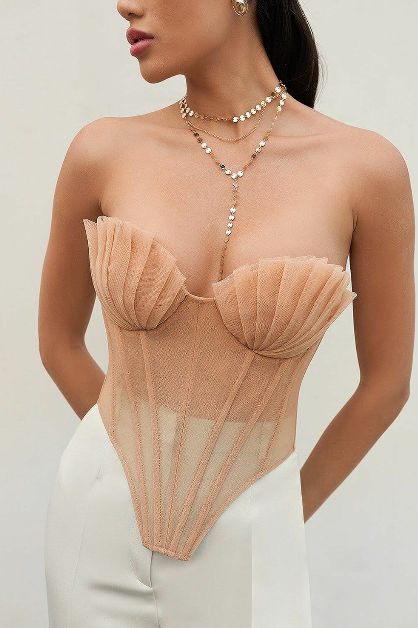 Light Pink Pleated Chest Wrap Corset Women’s Fishbone Inverted Hem Bustier Top