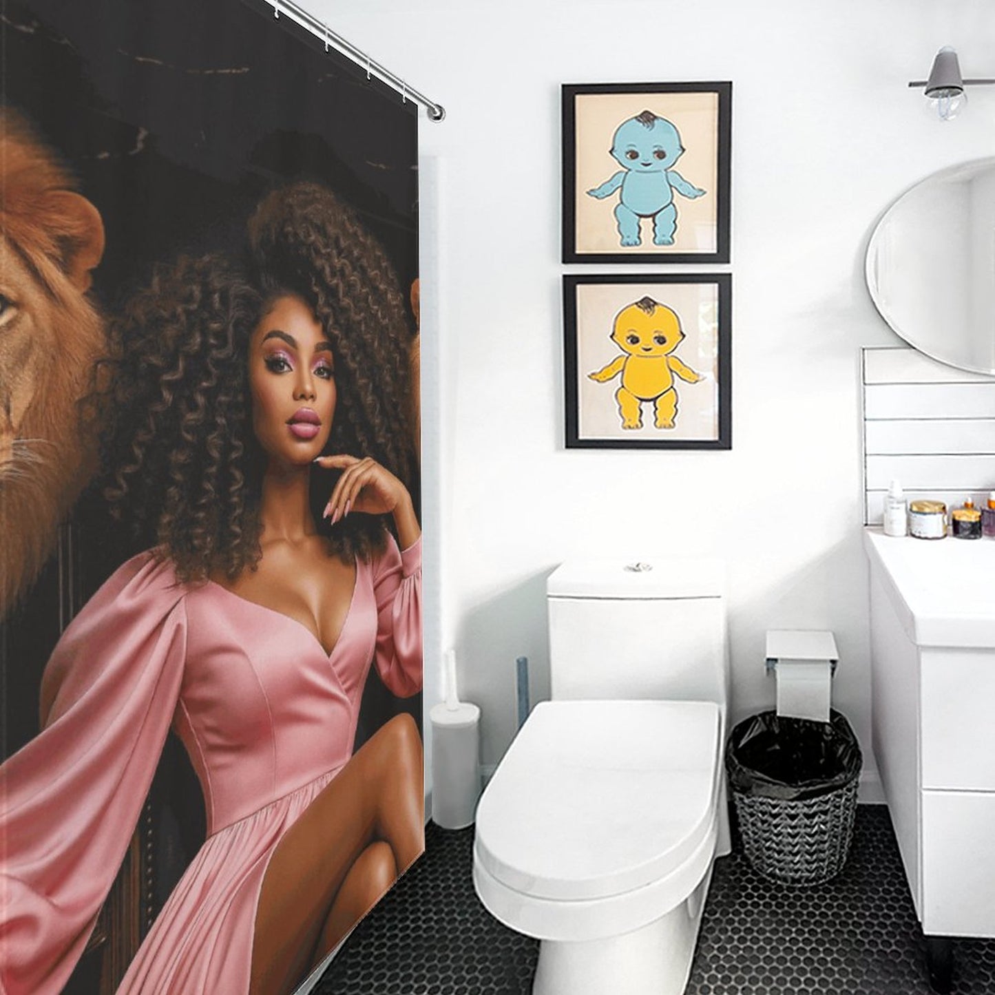 Regal Queen and Lions Black Luxury Shower Curtain