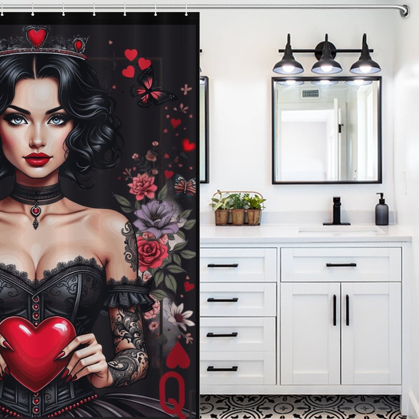 Queen of Hearts Gothic Shower Curtain – Dark Elegance Meets Royalty
