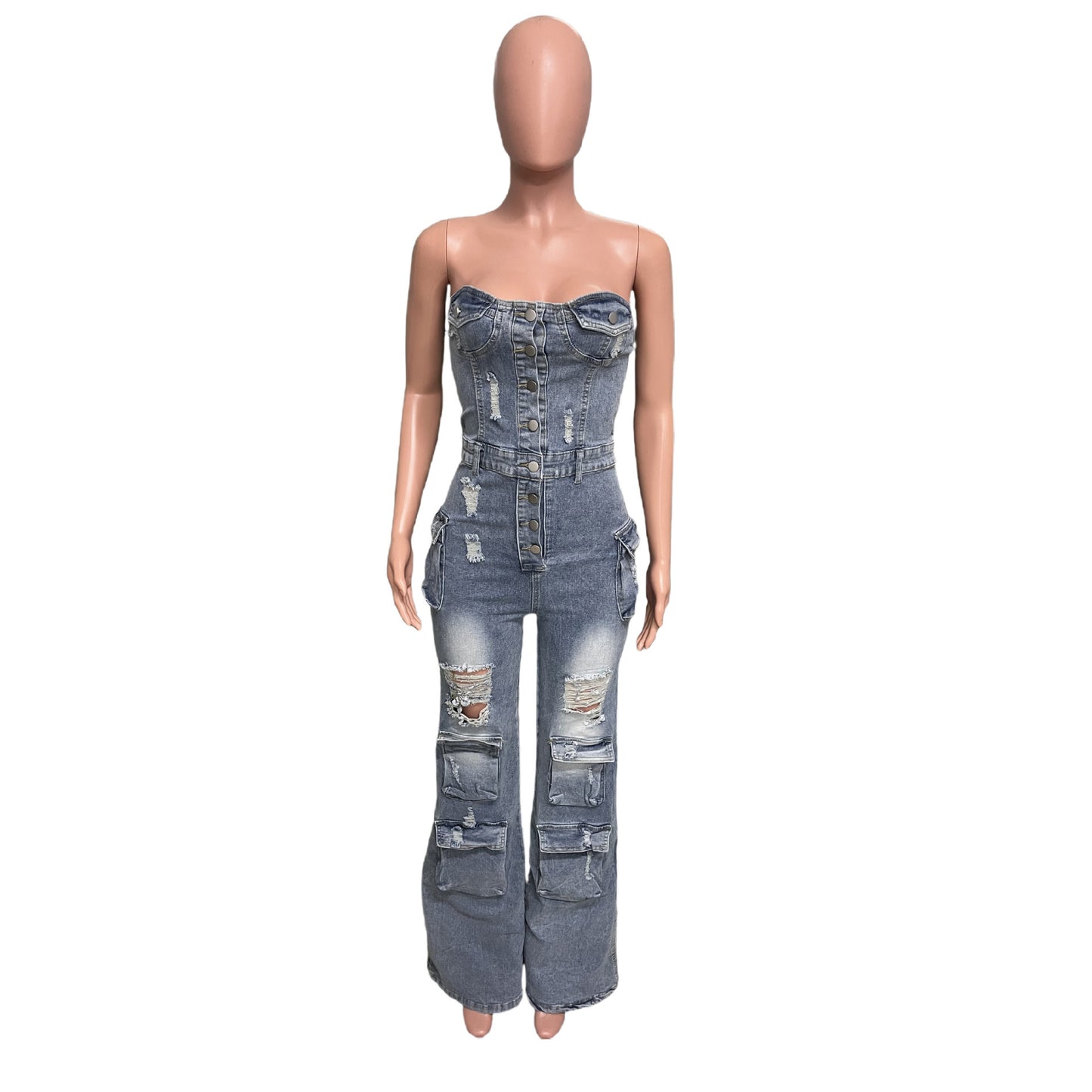 Women’s Sexy Backless Denim Jumpsuit – Slim Fit Stretch Flared Leg Sleeveless Romper | Trendy Streetwear Outfit for Summer, Night Out & Casual Chic Looks