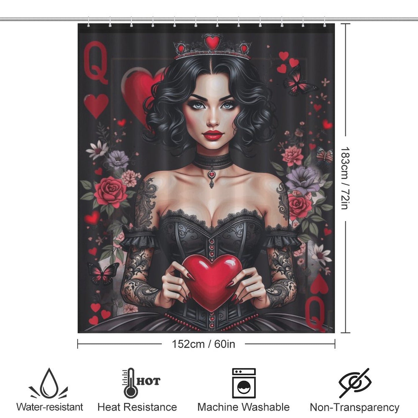 Queen of Hearts Gothic Shower Curtain – Dark Elegance Meets Royalty