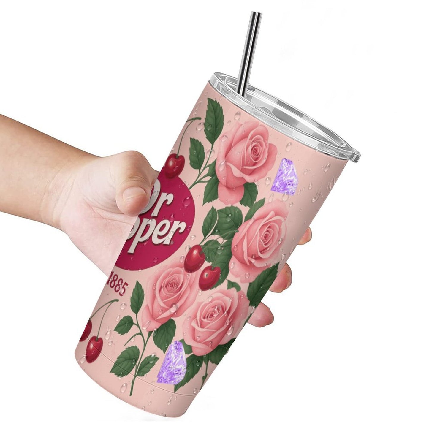 Dr. Pepper Floral Tumbler with Straw | Vintage Cherry Rose Insulated Travel Cup | 20oz Stainless Steel Tumbler for Soda Lovers