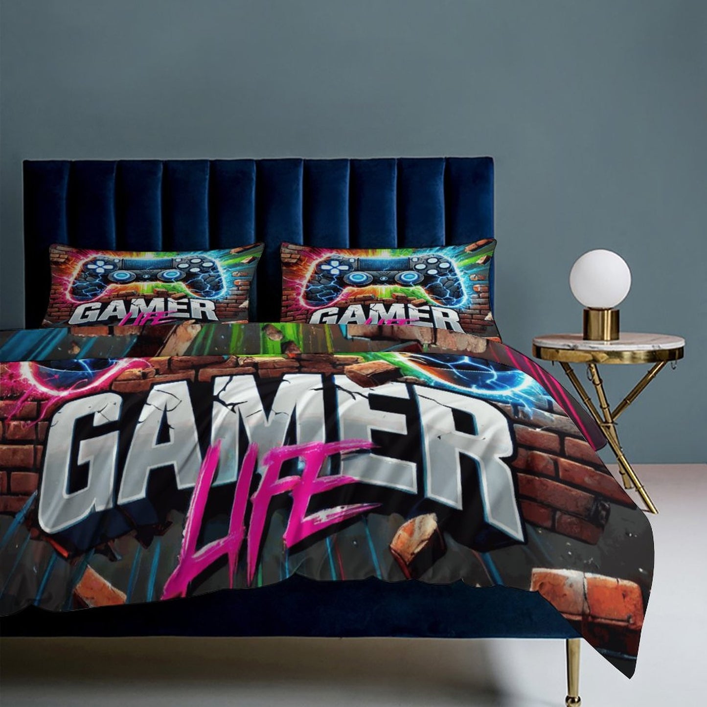 Gamer Life 3-Piece Bedding Set – 90"x90" Dual-Sided Print Comforter & Pillowcases | Video Game Themed Bedroom Decor Gift