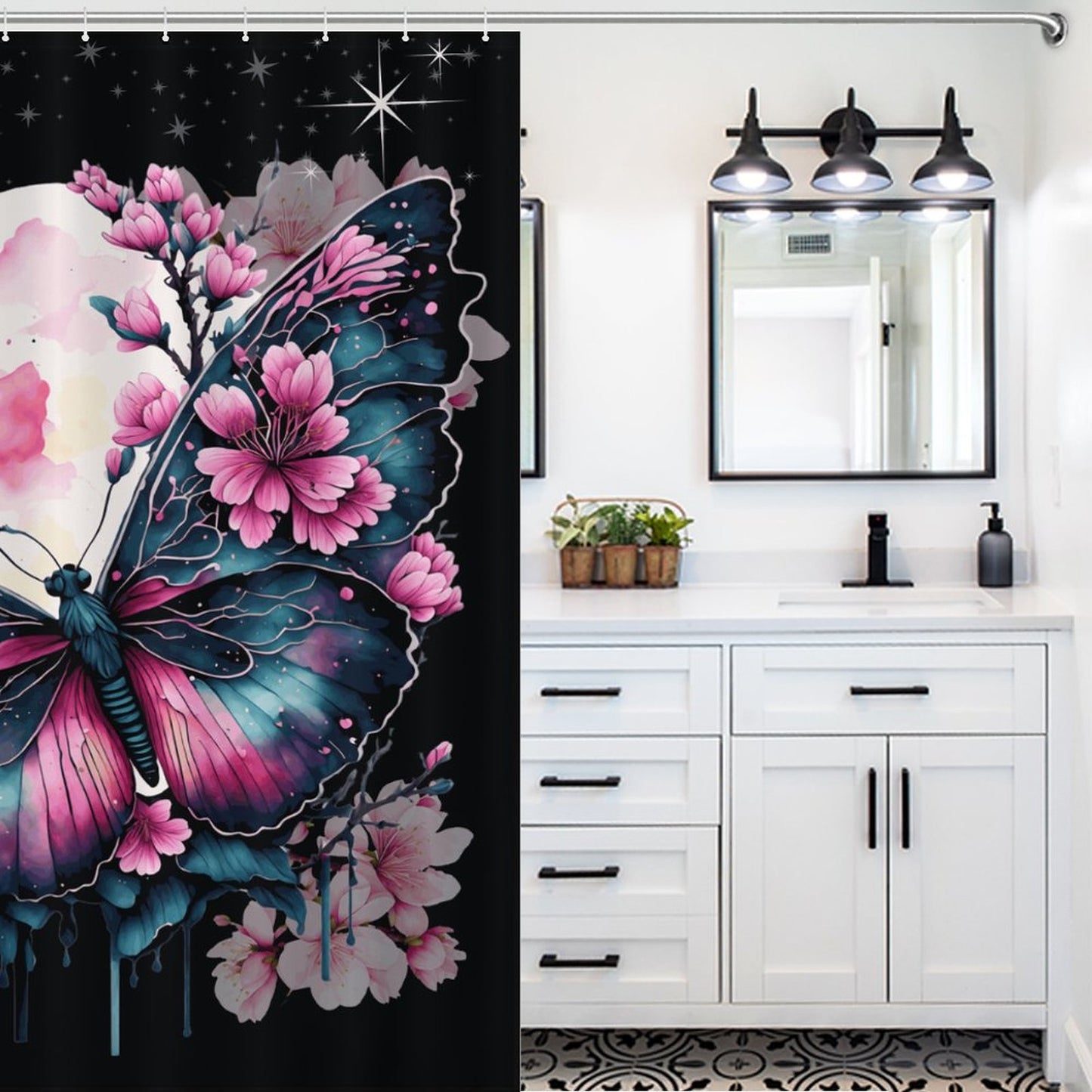 Enchanted Midnight Butterfly Shower Curtain – Black & Blue Elegance