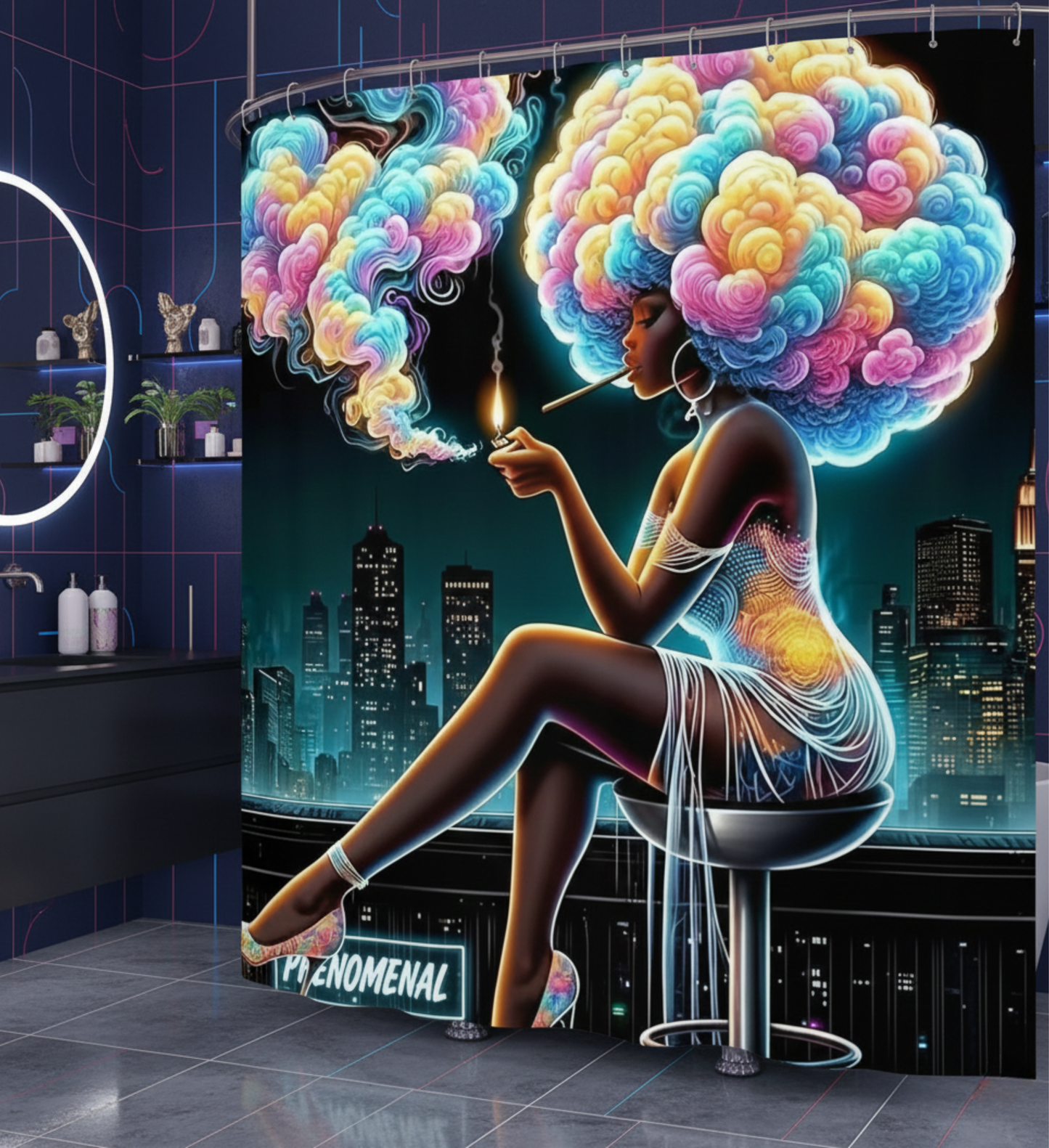 PHENOMENAL Neon Smoke Afrocentric Shower Curtain | Black Woman Art | Cityscape Vibe | Unique Maximalist Home Decor
