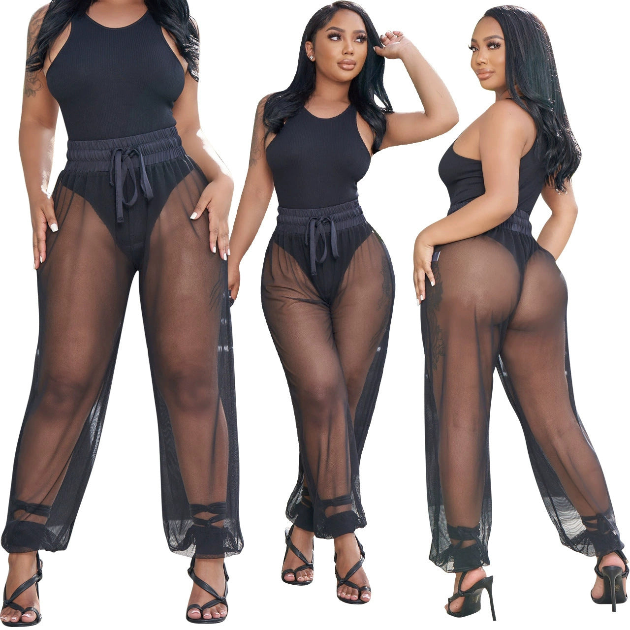 Women’s Tank Top & Mesh Pants Two-Piece Set | Sexy Sheer Lounge & Streetwear Outfit