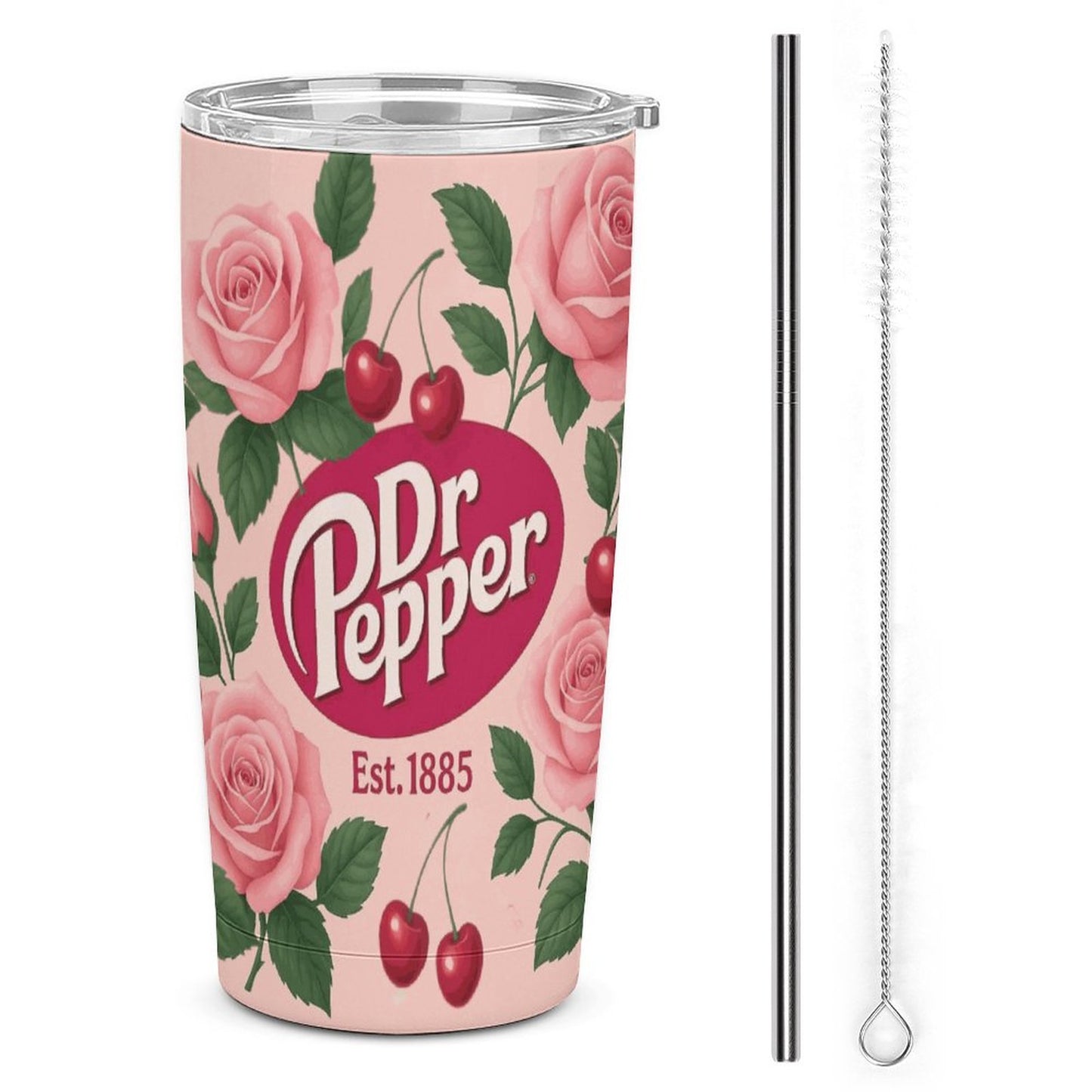 Dr. Pepper Floral Tumbler with Straw | Vintage Cherry Rose Insulated Travel Cup | 20oz Stainless Steel Tumbler for Soda Lovers