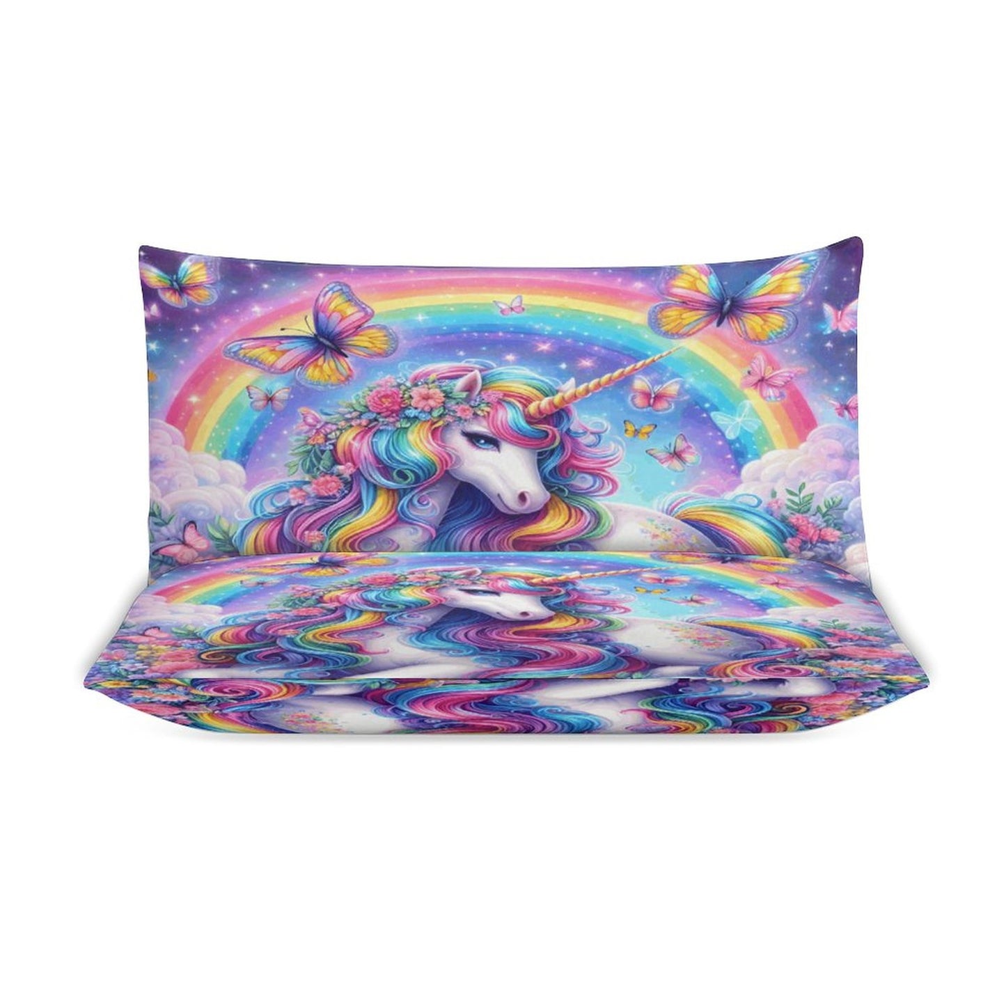 Magical Rainbow Unicorn 3-Piece Bedding Set – 86"x70" (218×177cm) Dual-Sided Comforter with Pillowcases – Fantasy Kids & Teen Bedroom Decor