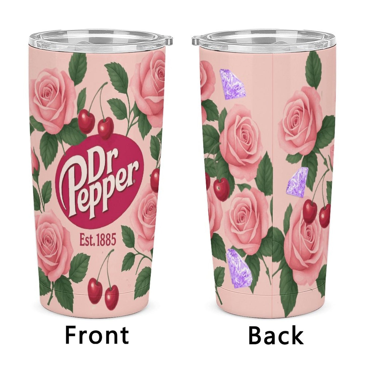 Dr. Pepper Floral Tumbler with Straw | Vintage Cherry Rose Insulated Travel Cup | 20oz Stainless Steel Tumbler for Soda Lovers