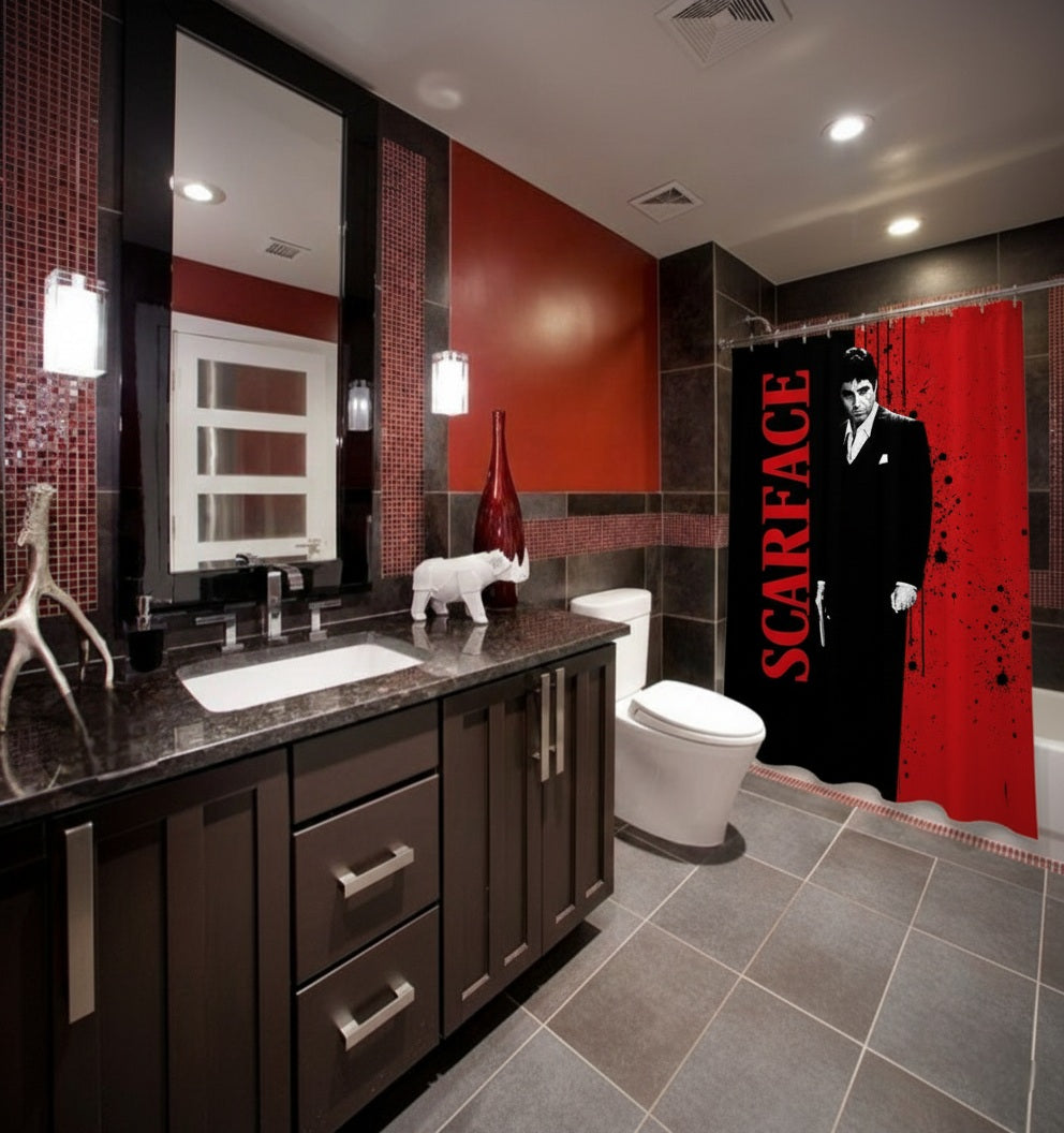 Scarface Black and Red Shower Curtain | Tony Montana Inspired Bathroom Decor | Mafia Movie Bathroom Set | Luxury Urban Home Decor