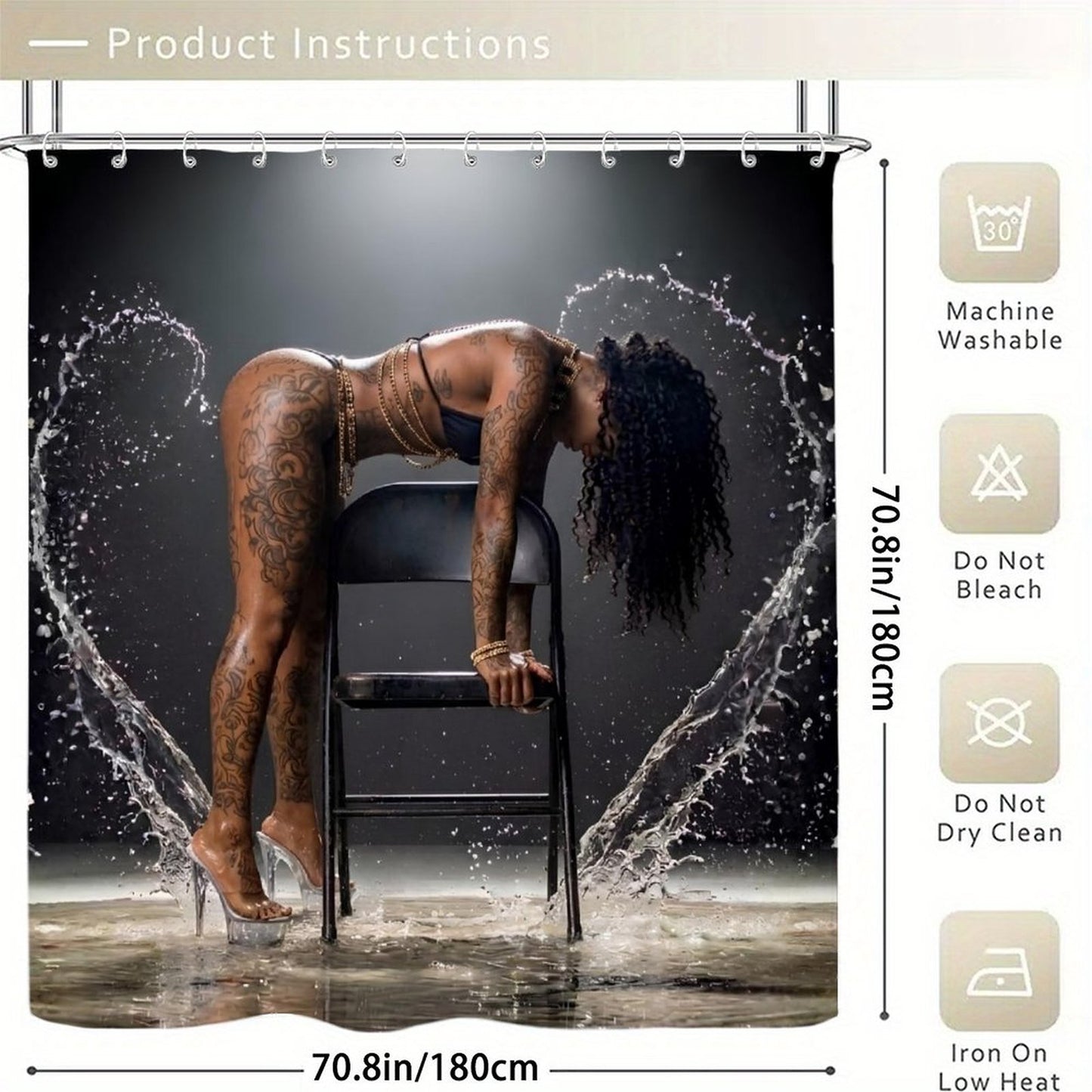 Dark Artistic Water Goddess Shower Curtain – Bold Tattooed Woman Aesthetic Bathroom Decor, Modern Luxury Gothic Home Decor