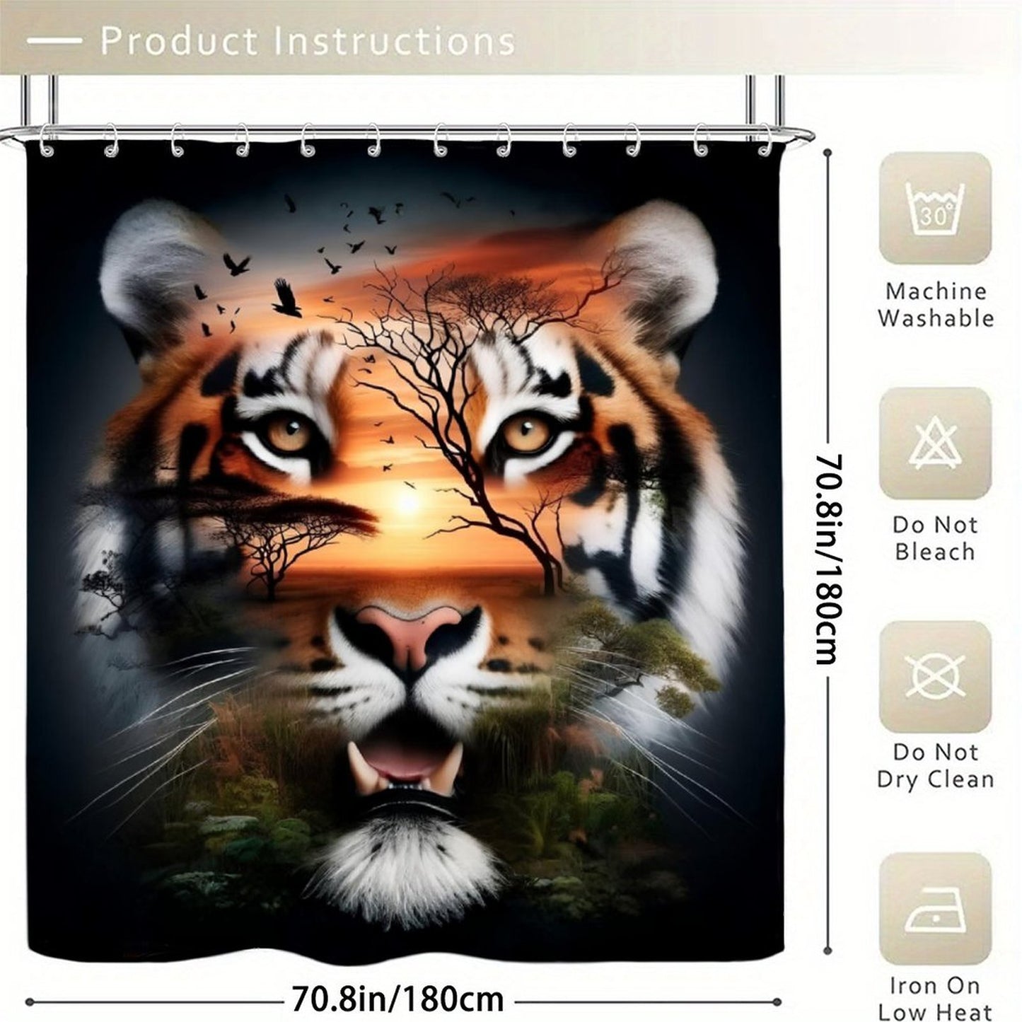 Mystical Tiger Sunset Shower Curtain, Masculine Wildlife Bathroom Decor, Safari Tiger Bath Curtain, Nature Animal Bathroom Set, Rustic Modern Bath Art