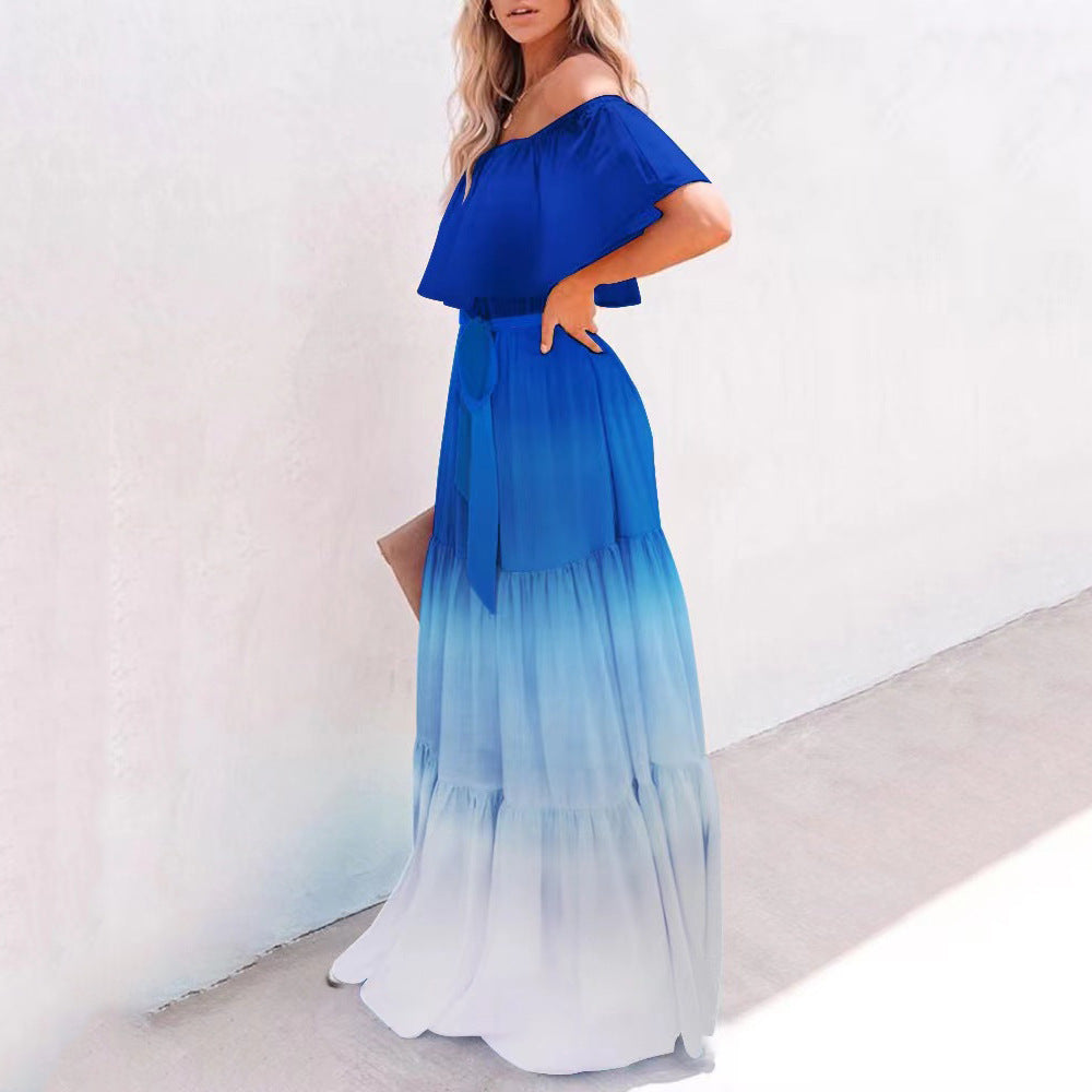 Women's Wrapped Chest Print Gradient Color Large Swing Skirt Dress