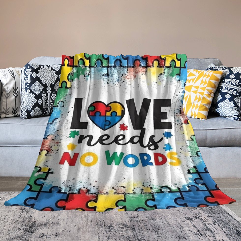 Autism Awareness Love Needs No Words Flannel Blanket – 280GSM Ultra Soft Throw | Puzzle Piece Design | Cozy Gift for Autism Support | 50"x60"