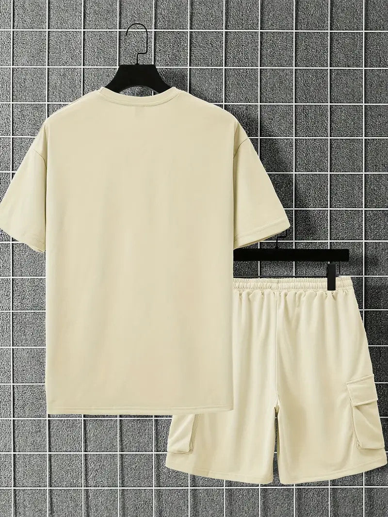 Men's Casual 2-Piece Set – Solid Crew Neck T-Shirt & Drawstring Shorts with Multi Pockets | Summer Outfit for Outdoor, Street wear, Lounge wear