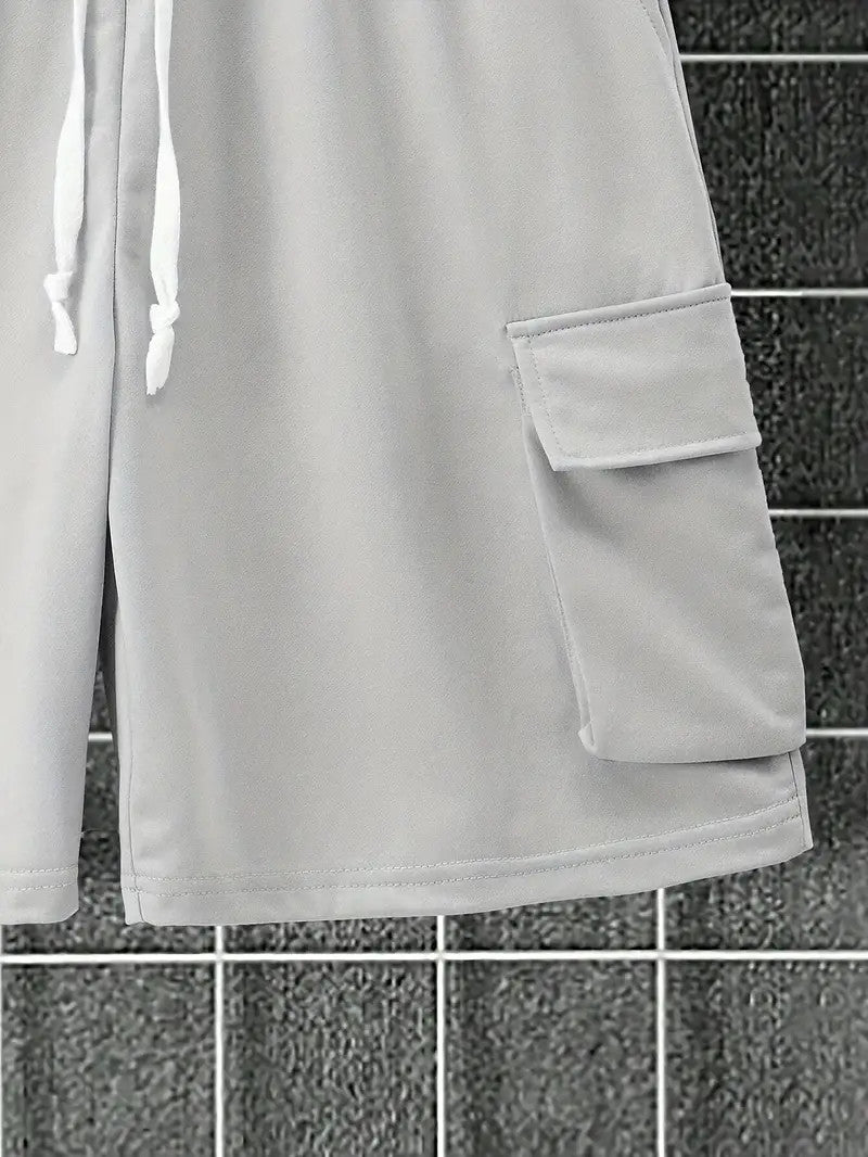 Men's Casual 2-Piece Set – Solid Crew Neck T-Shirt & Drawstring Shorts with Multi Pockets | Summer Outfit for Outdoor, Street wear, Lounge wear