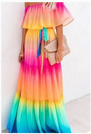 Women's Wrapped Chest Print Gradient Color Large Swing Skirt Dress
