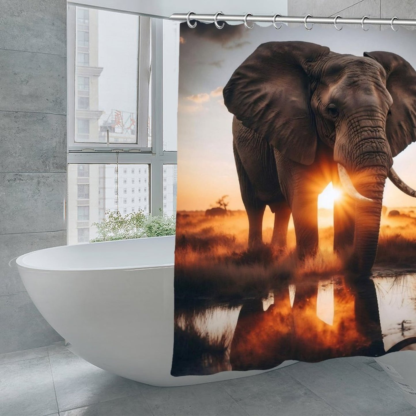 Golden Safari Elephant Shower Curtain | African Sunset Wildlife Bathroom Decor | Rustic Nature Bath Curtain | Boho Safari Home Decor