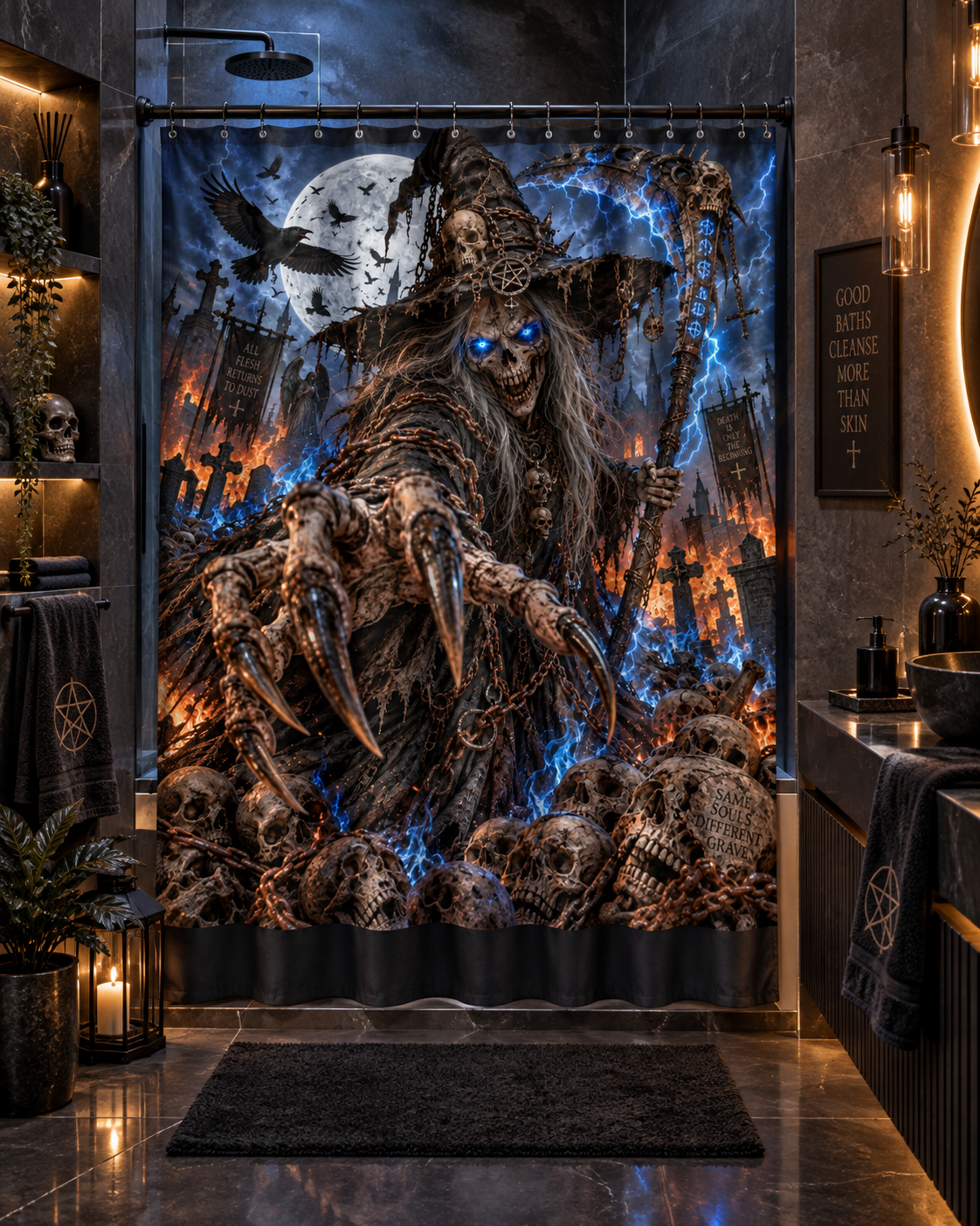 Gothic Grim Reaper Shower Curtain, Undead Witch Skull Bathroom Decor, Blue Lightning Horror Curtain, Dark Fantasy Halloween Bath Decor