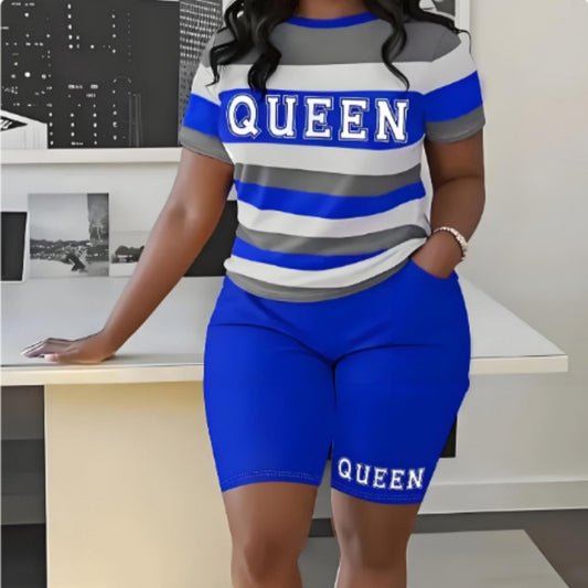 Women's Queen T-Shirt and Striped Letter 3D Printed Shorts Set – Summer 2-Piece Matching Outfit Loungewear