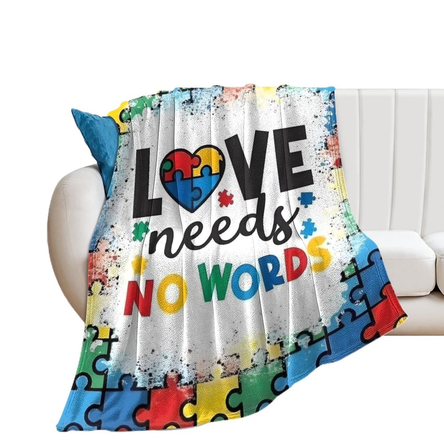 Autism Awareness Love Needs No Words Flannel Blanket – 280GSM Ultra Soft Throw | Puzzle Piece Design | Cozy Gift for Autism Support | 50"x60"
