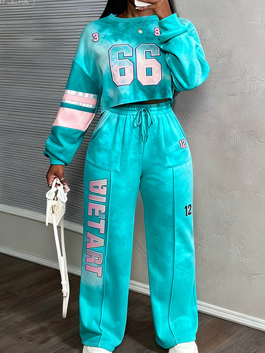 Casual Cropped Sweatshirt & Wide-Leg Pants Set | Two-Piece Lounge Set for Women | Cozy Streetwear Outfit | Matching Sweatsuit Set | Fall & Winter Loungewear