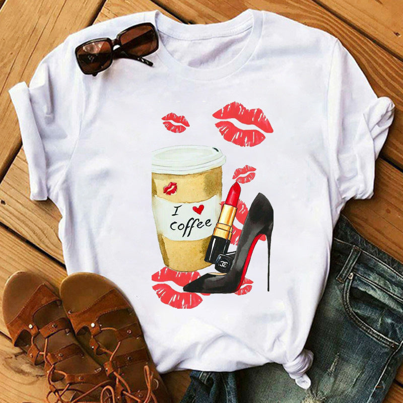 Women's High Heels Pattern Cute Loose Top T-shirt