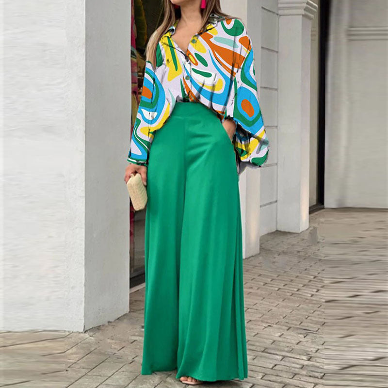 Loose & Elegant Casual Printed Shirt Top + Wide-Leg Pants Set | 2-Piece Fashion Outfit for Women