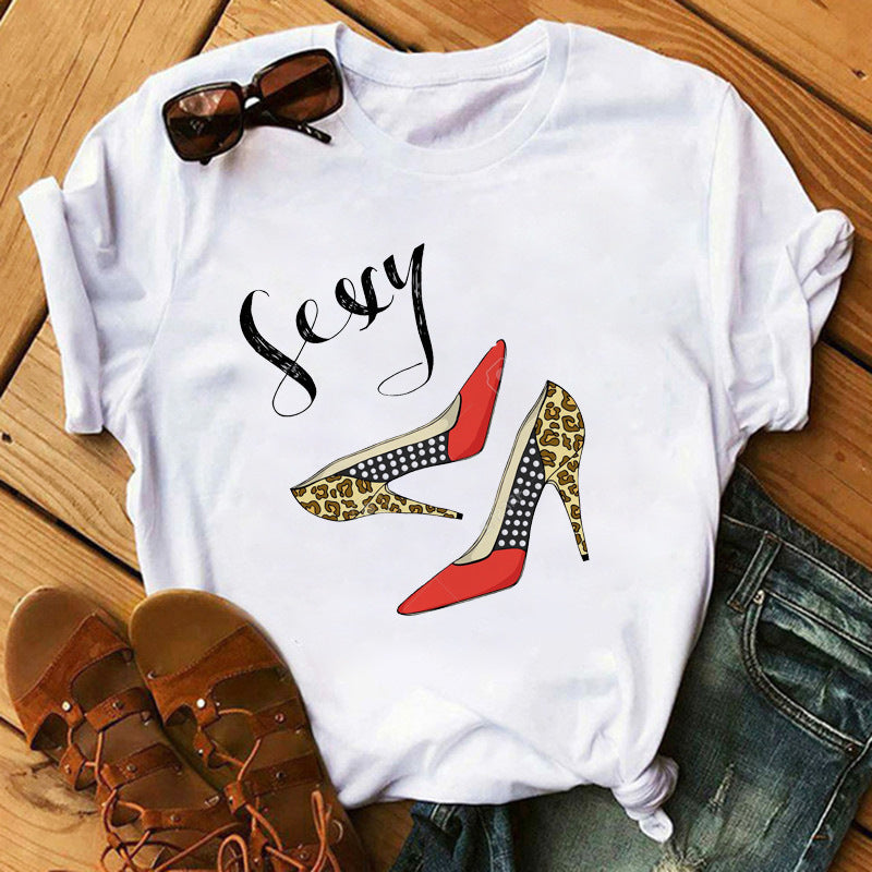 Women's High Heels Pattern Cute Loose Top T-shirt