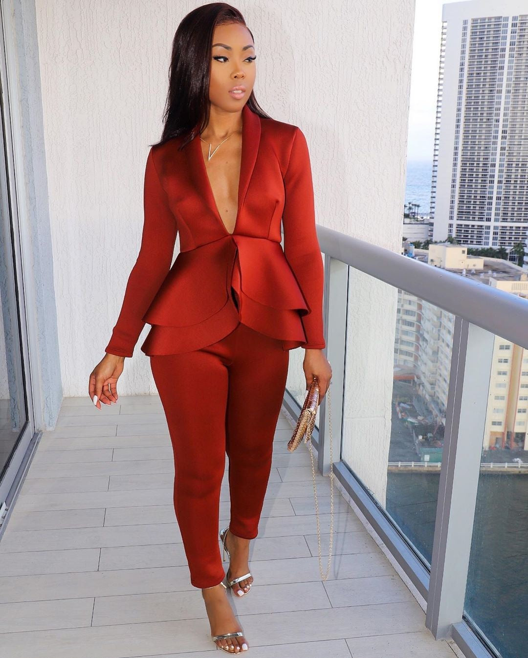 Women's Elegant Ruffle Blazer & Pant Set – Solid Color 2-Piece Suit | Chic Business Casual Outfit