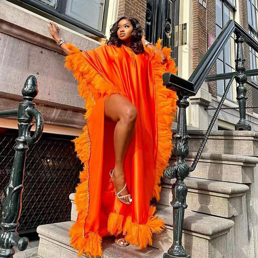Fully Luxury Feather Batwing Sleeve High-Slit Robe Dress for Women | Elegant Glam Statement Gown
