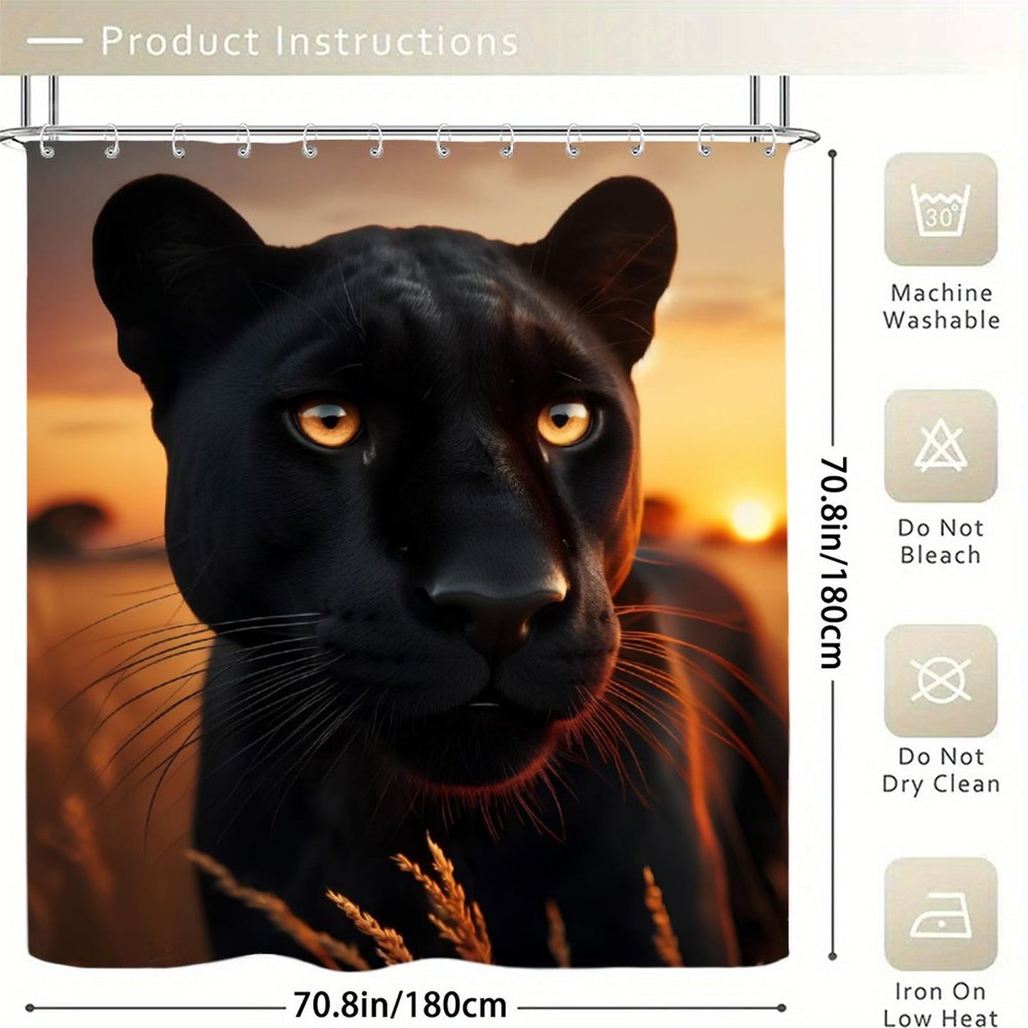Black Panther Shower Curtain | Luxury Wildlife Bathroom Decor | Majestic Panther Sunset Bath Curtain | Safari Animal Bathroom Set | Modern Black Gold Bathroom Decor