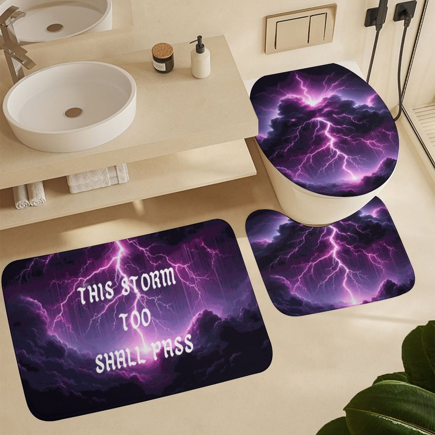 Black and Purple Thunder Storm Shower Curtain Set with 3 Rugs/ Guest Bathroom/ Master Bathroom