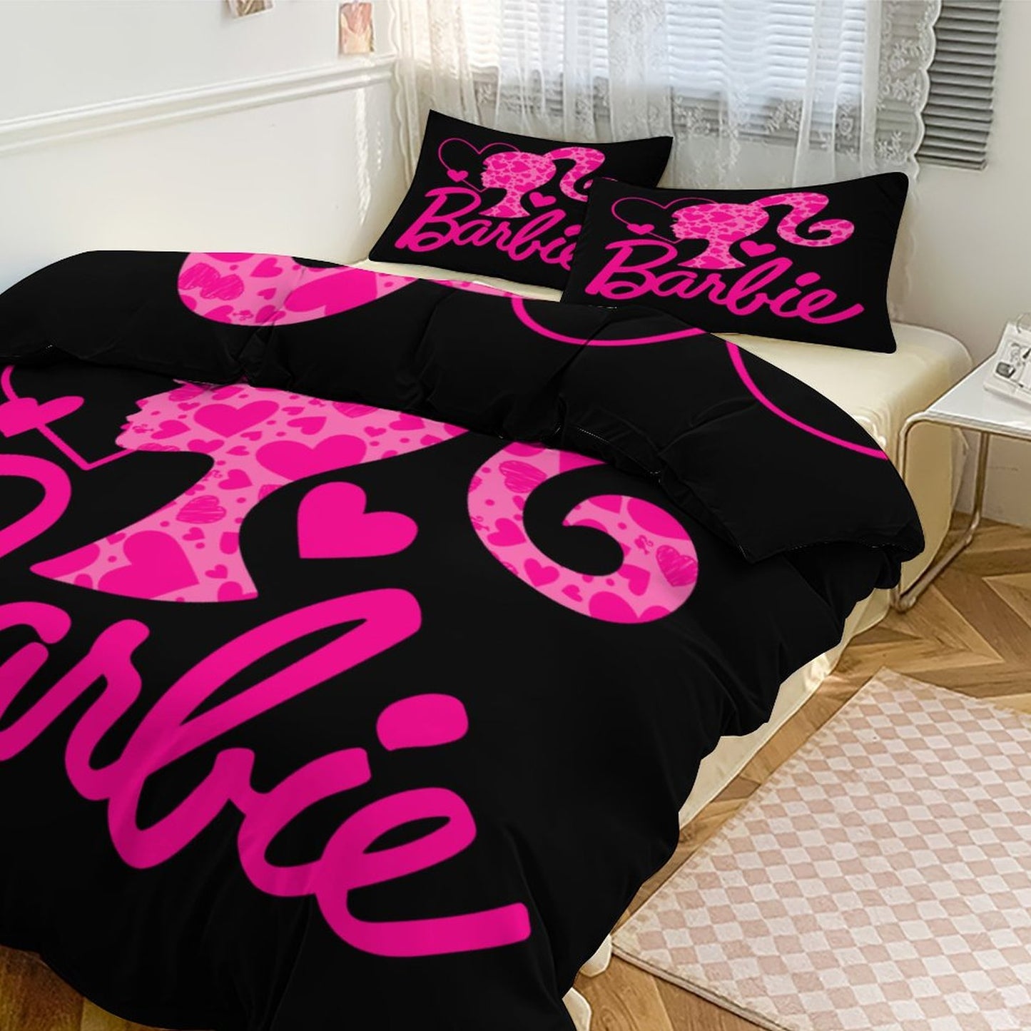 Pink and Black Doll House Collection Bedding Set | Elegant Doll-Inspired Bedroom Decor |  3-Piece Bedding Set (Dual-sided Printing)