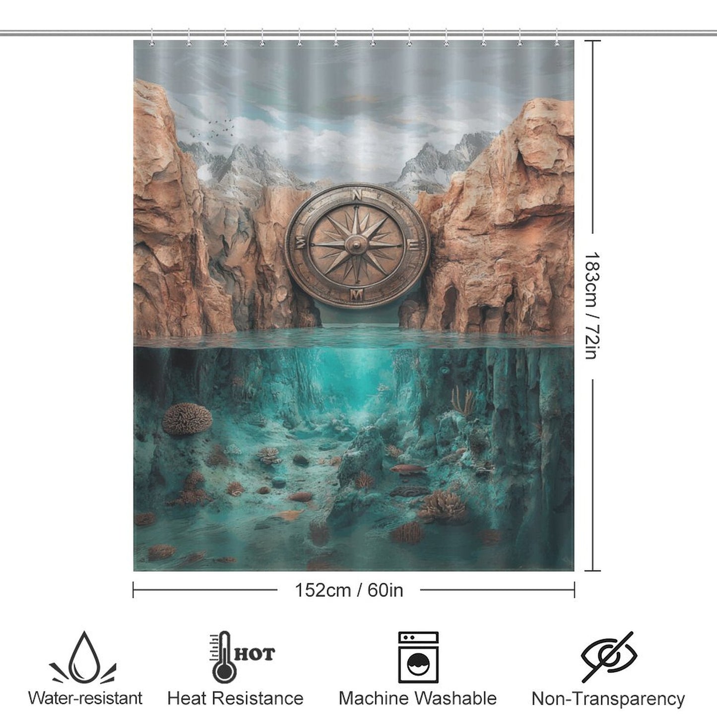 Compass with Mountain Over Water Shower Curtain | Nature Adventure Bathroom Decor | Wanderlust Compass Map Rustic Scenery Curtain