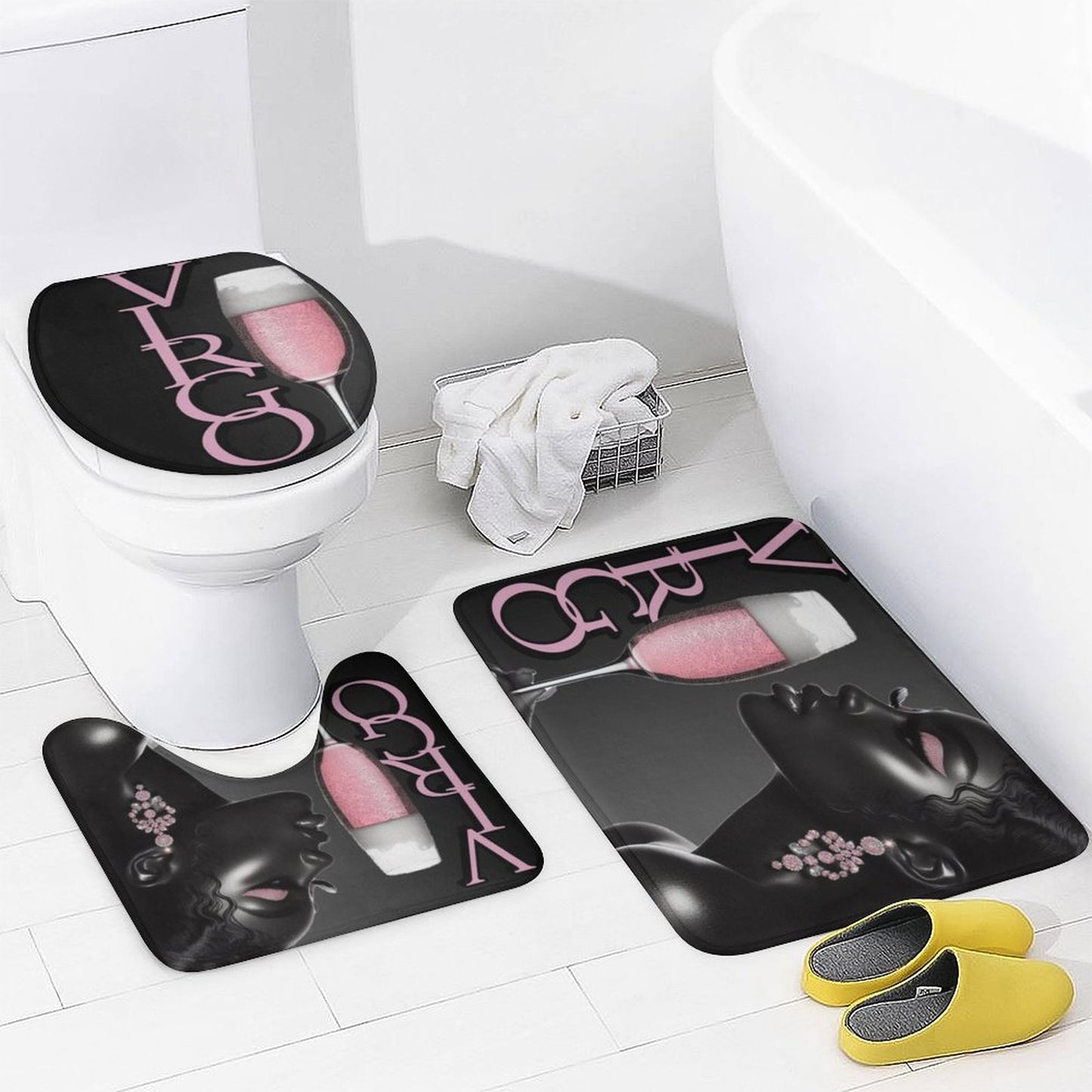 Pink & Black Melanin Virgo Shower Curtain Set with 3 Rugs – Bold Astrology Home Decor