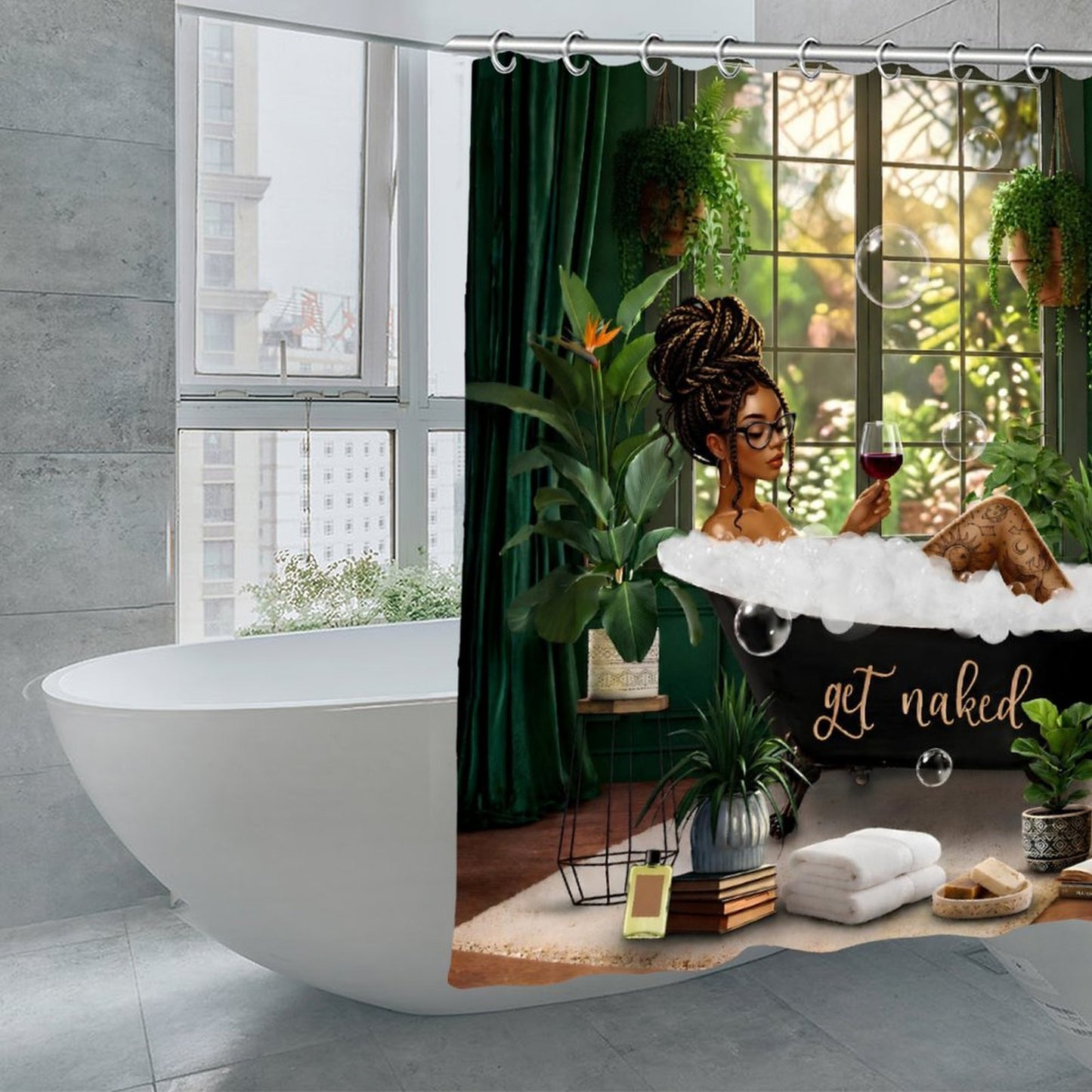 Boho Black Girl Shower Curtain Set, Green Botanical Bathroom Decor, Afro Queen Bubble Bath Curtain, Melanin Bathroom Aesthetic, Get Naked Bath Decor