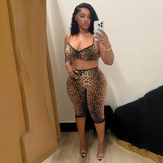 Leopard Print Sexy Lace Trim Two-Piece Set | Cropped Bra Top & High Waist Pants Lounge Set | Women’s Clubwear Outfit