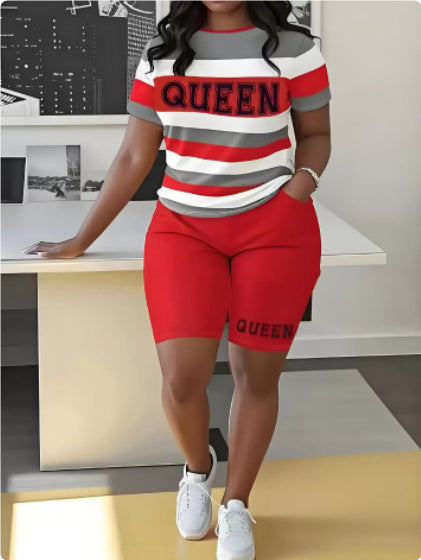 Women's Queen T-Shirt and Striped Letter 3D Printed Shorts Set – Summer 2-Piece Matching Outfit Loungewear