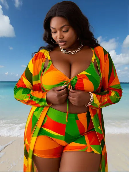 Plus Size Patchwork Swimsuit 3-Piece Set – V-Neck Camisole, Boxer Shorts & Cover Up, Multi-Color Printed Slim Fit Beachwear, Women’s Vacation Swim Outfit