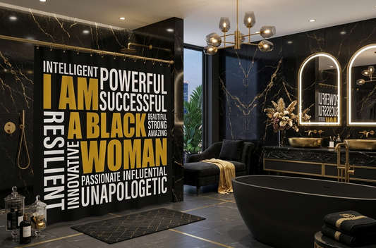I Am A Black Woman Affirmation Shower Curtain – Empowering Melanin Bathroom Decor | Motivational Quotes | Luxury Black Gold Bath Curtain