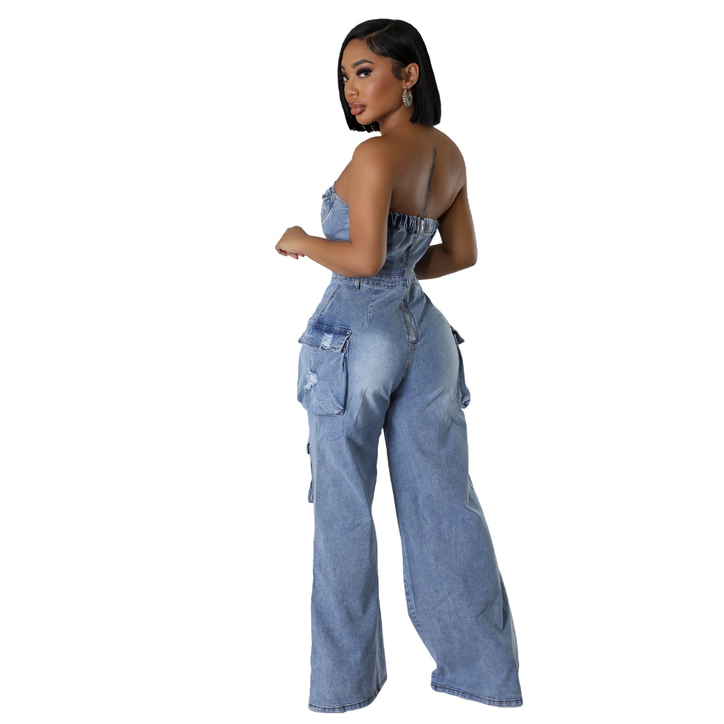 Women’s Sexy Backless Denim Jumpsuit – Slim Fit Stretch Flared Leg Sleeveless Romper | Trendy Streetwear Outfit for Summer, Night Out & Casual Chic Looks