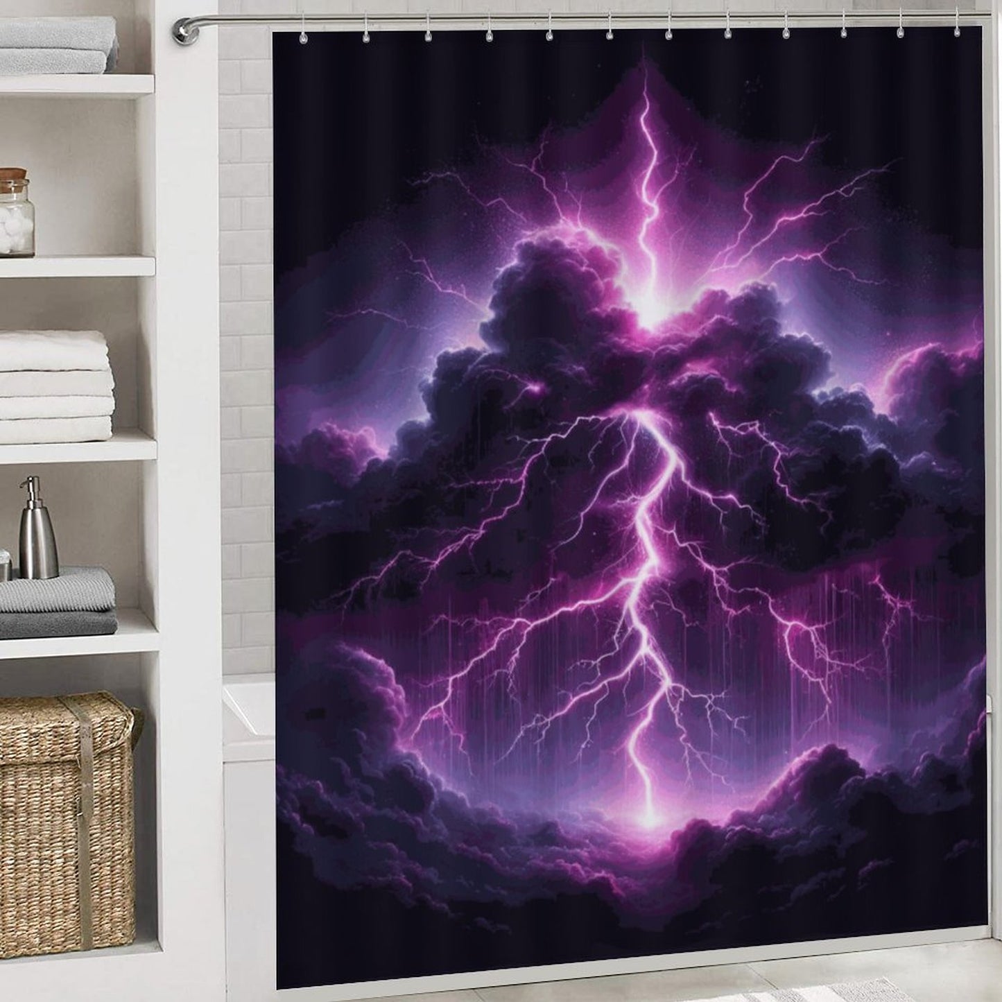 Black and Purple Thunder Storm Shower Curtain Set with 3 Rugs/ Guest Bathroom/ Master Bathroom