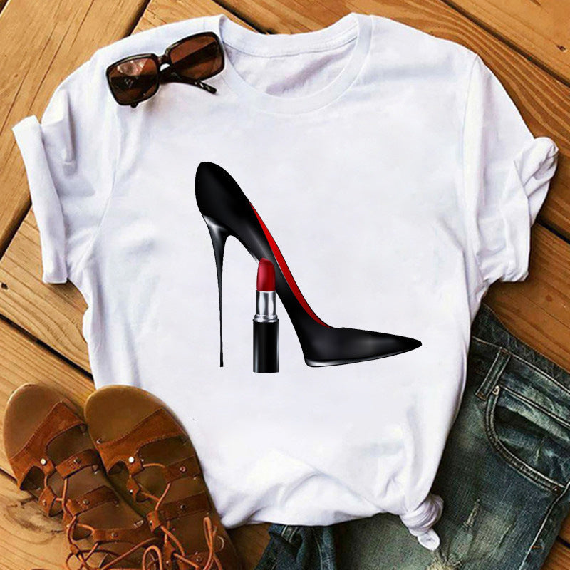 Women's High Heels Pattern Cute Loose Top T-shirt