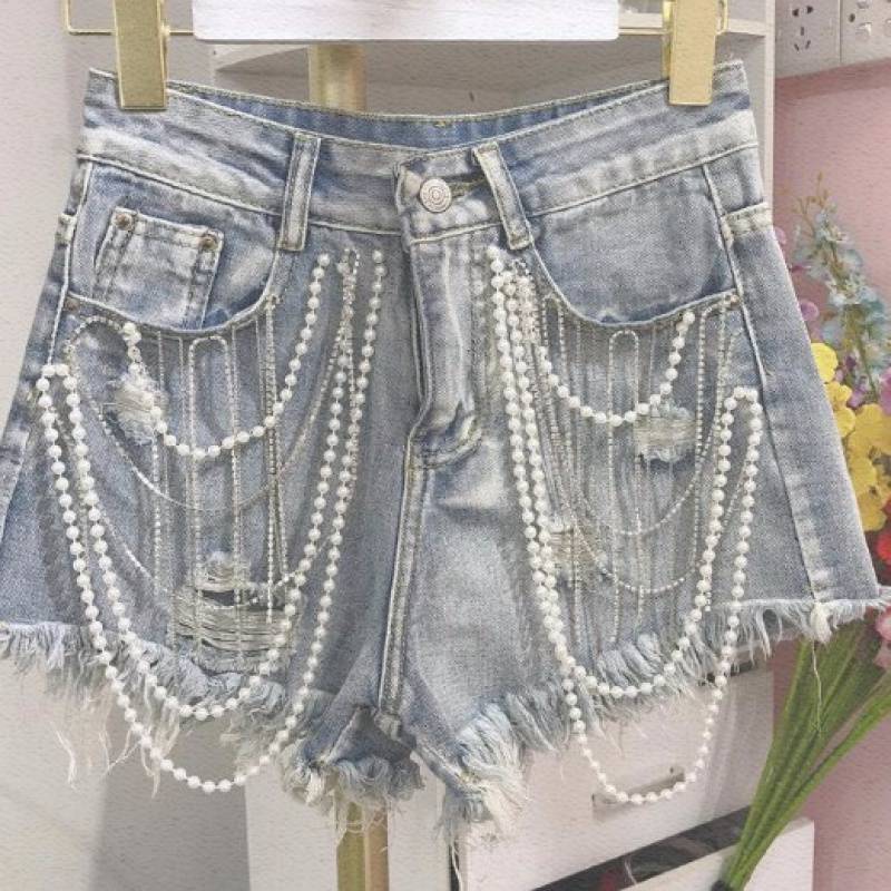 Women's Summer Beaded Jeans Shorts