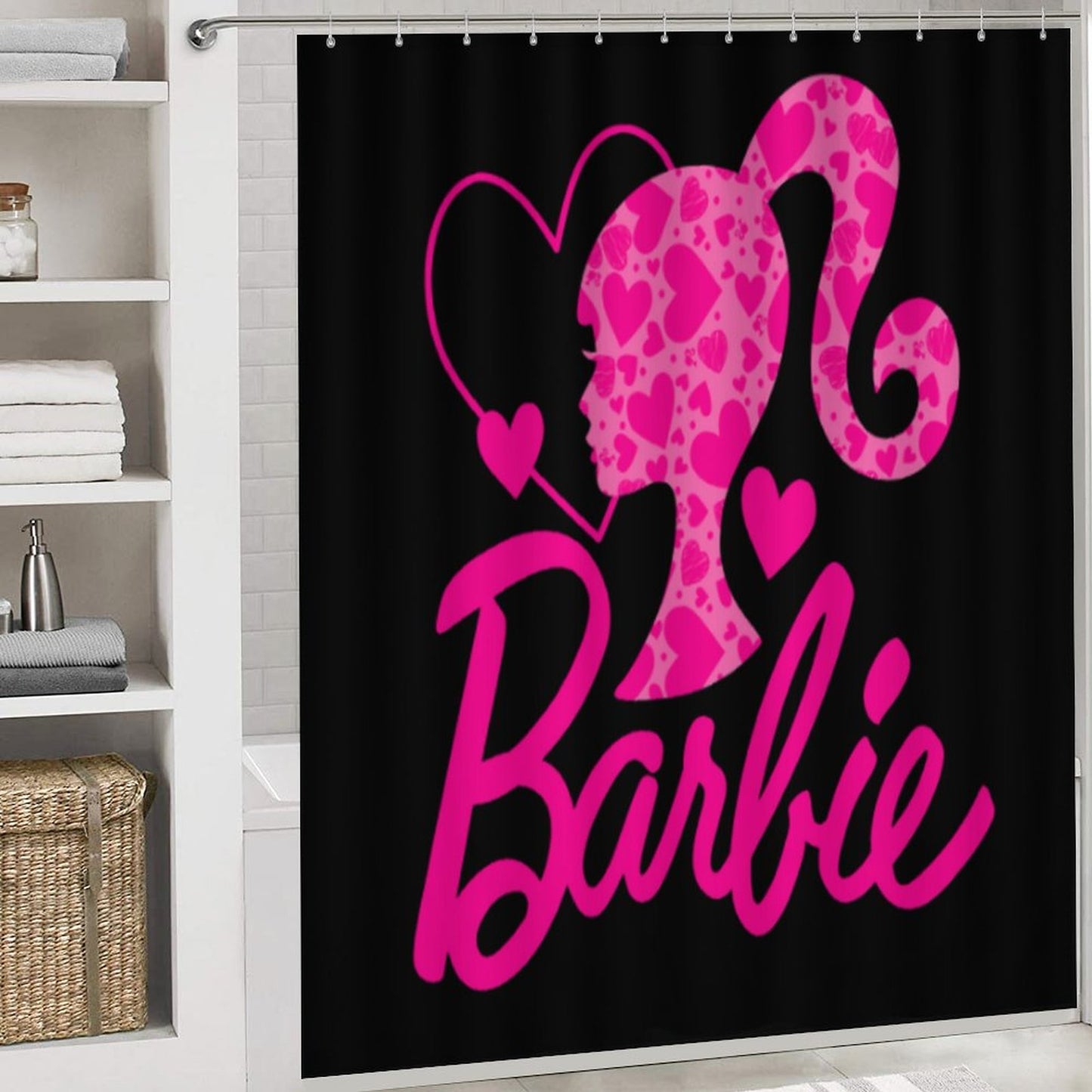 Pink and Black Melanin Doll House Barbie Collection Shower Curtain Set with 3 Rugs / Guest Bathroom/ Girls Bathroom