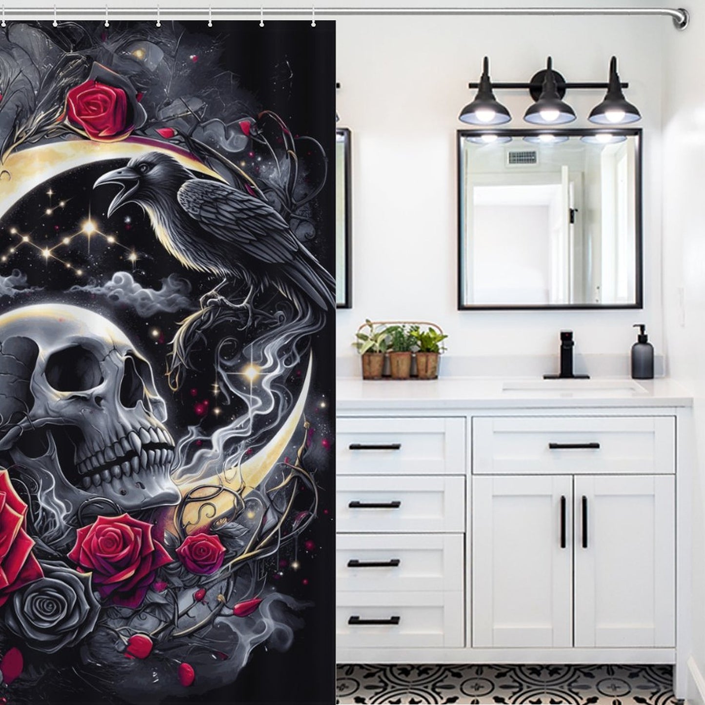 Mystic Skull & Roses Gothic Shower Curtain – Bathroom Decor